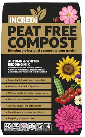 Premium IncrediPeatFree Peat-Free Spring, Summer, Autumn & Winter Bedding Compost with Slow Release Nutrients (Autum/Winter Compost)