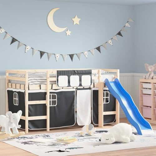 Runheo Vorhänge für Hochbett Weiß und Schwarz aus Polyester, mit Aufbewahrungstaschen, Raffhaltern und praktischen Maßen, Zubehör für Kinderbett
