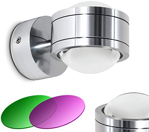 LED Wandlampe Indore, runde Wandleuchte aus Metall u. Glas in Aluminium, Wandspot 2-flammig mit Farbfliter in Magenta und Grün, 2 x 3 Watt, je 300 Lumen (600 Lumen insgesamt), 3000 Kelvin (warmweiß)