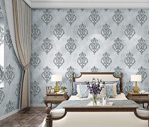 10X0.53M 3D Vintage Elegant Gold Damask 5 Colors Embossed Textured Non-Woven Wallpaper Roll for Bedroom Livingroom 1.73' W x 32.8' L=5.3㎡ (57sq.ft) (Silver Gray)