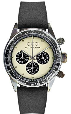 Out of Order Chronograph Black Cream Stahl Quarz Schwarz Leder Vintage Ruiniert Herren Uhr