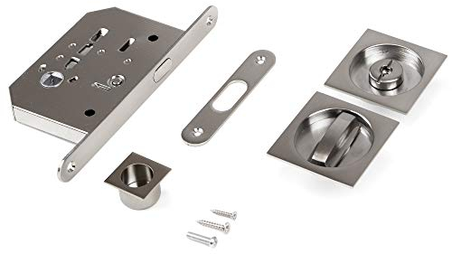 Emuca - Kit de serrure avec rosace carrée, serrure de condamnation pour porte coulissante, 57x57mm, Acier, Nickel satiné