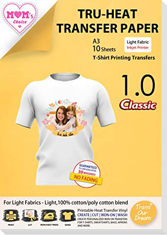 TransOurDream Tru-Transfer Paper A3 for Light Fabric 10 Sheets Transparent Heat Transfer Paper for White T-Shirts Printable Heat Transfer Vinyl for Inkjet Printer (L-1.0-A3-10)