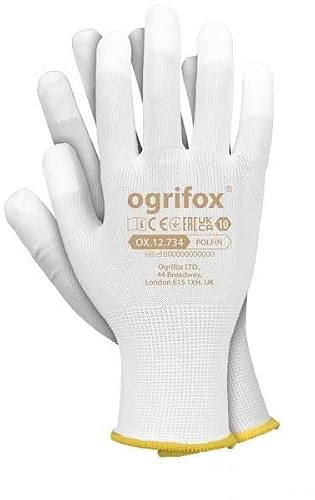 Ogrifox12 Paar Schutzhandschuhe aus Polyester mit Polyurethan Beschichtung an den Fingerspitzen Handschuhe ®Auto-schmuck (Weiß 7/S)