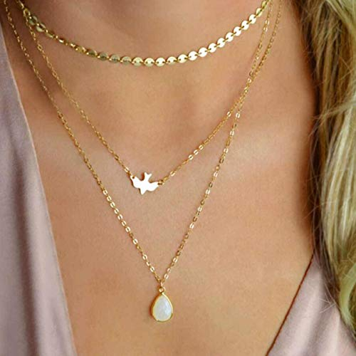 Yienate Boho-Halskette mit mehrschichtigem Opal, runde Pailletten, Choker, Goldkette, Friedenstaube, Vogel, Opal, Tropfen-Anhänger, Charm, geschichtete Halskette, Schmuck für Frauen und Mädchen