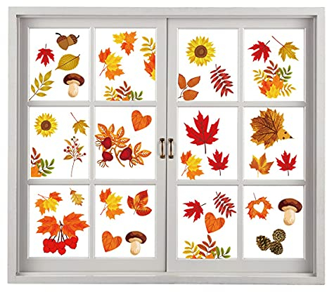 Herbst-Fensteraufkleber, Ahorn-Fensteraufkleber für Glas, Herbst-Fensteraufkleber, Thanksgiving, Fensteraufkleber, Pilz, Ahornblatt, Tannenzapfen, Fensterdekoration, 9 Blatt
