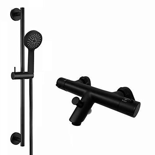 ENKI, Dune, BBT0248, Black, Thermostatic Deck Mounted Bath Shower Mixer Valve with Shower Head, Hose & Rail, Solid Brass, Anti-Scald Device, Temperature Control, Modern, 1-Year Guarantee