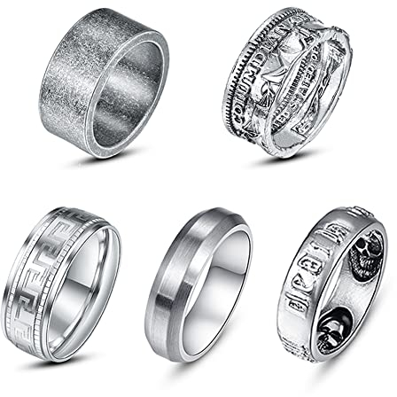 Cloyo 5 Stücke Herren Ringe Set Edelstahl Vintage Ringe 6mm 8mm 10mm Breite Rings Schlichter Silber Totenkopf Ring mit Griechischer Schlüssel Mustern Ring Größe 67