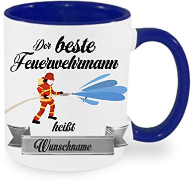 Crealuxe Kaffeetasse - Der Beste Feuerwehrmann heißt (Wunschname) - Spruchtasse, Bürotasse, bedruckte Keramiktasse, Tasse mit Spruch, Hochwertige Kaffeetasse, Tasse personalisiert (Blau)