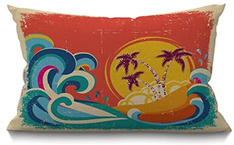 BGBDEIA Hawaii Beach Cushion Cover 12x20 Inch Vintage Palm Tree Sun Tropical Island Giant Wave Rectangle Pillow Cases Home Decorative Cotton Linen Throw Pillow Cover for Bed Sofa 30 x 50 cm