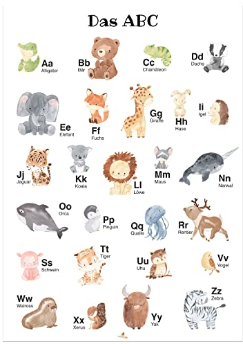 abc Poster mit niedlichen Tiermotiven fürs Kinderzimmer, Kita & Kindergarten | DIN A3