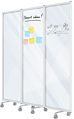 MoB Mobile Trennwand Raumteiler für Büro, Arbeitsplatz Innen faltbare & flexible Präsentationsboard mit beschreibbarer Oberfläche - Whiteboard mit Alurahmen - Magnetboard (Transparent, 180x180cm)