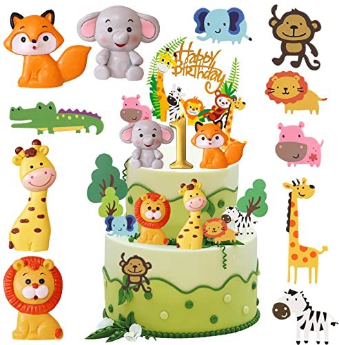 16 Stück Tortendeko 1. Geburtstag, Safari Zoo Dschungel Tortendeko, Wald Tiere Happy Birthday Kuchendeko, Waldtiere Figuren Cake Topper 1. Geburtstag, Torten Deko für 1 Jahr Junge Mädchen
