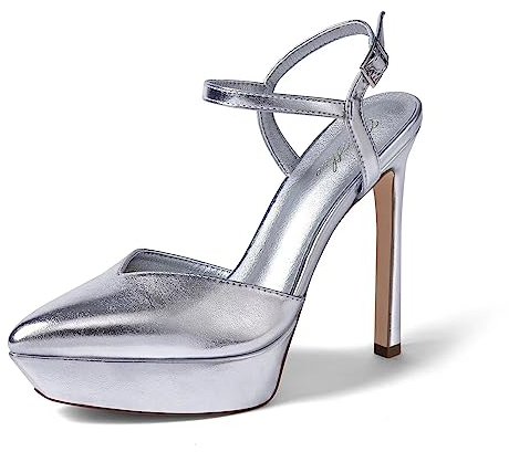GENSHUO Plateau Hauts Talons Femme Sandales à Talons Aiguilles avec Lanières à la Cheville Escarpins Fermés Sexy 12 CM/4,72 Pouces Sandales à Talons Hauts pour la Fête Prom, Argent 37EU