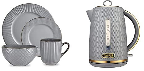 Tower T867002GRY Empire 16 Piece Dinnerware Set, Stoneware, Grey and Brass & T10052GRY Empire 1.7 Litre Kettle with Rapid Boil, Removable Filter, 3000W, Grey with Brass Accents