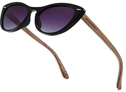 WOODONLY Holz Katzenauge Polarisierte Sonnenbrille - Mode Hölzerne Sonnenbrille für Damen und Herren Perfekte Geschenke (Schwarz+Walnuss)