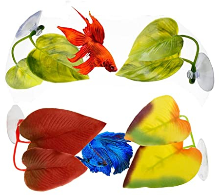 HERCHR 4Pcs Feuille de Poisson Betta, Feuille de Repos pour Poisson Betta Plantes D'aquarium Hamac Artificiel en Forme de Feuille pour Poisson Betta Feuille de Repos pour Poisson avec Ventouse