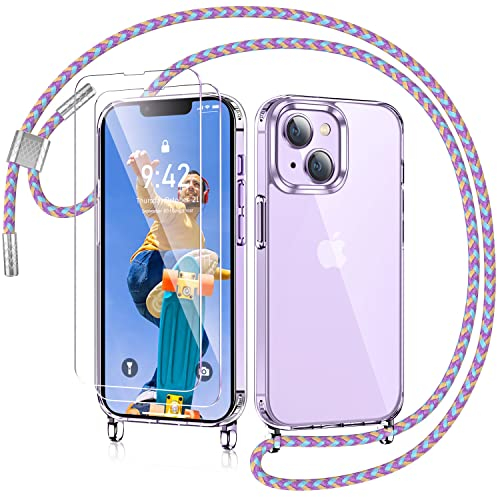AROYI Handykette für iPhone 14 Hülle mit Band Und 2 Stück Schutzfolie, Transparent Ultra Hybrid Handyhülle für iPhone 14 mit Kette zum Umhängeband Abnehmbar Stossfest Hülle - Violett