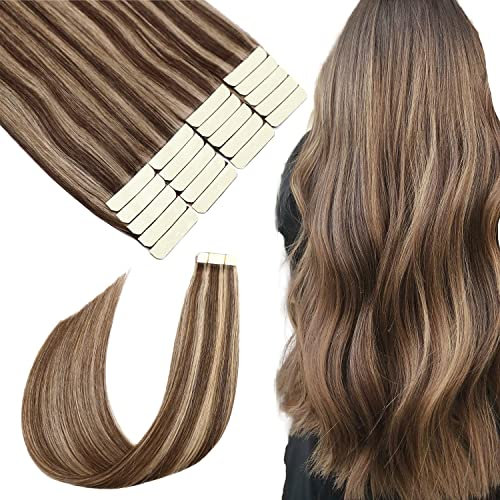 SURNEL Tape in Echthaarverlängerungen Kein Shedding Kein Tangle Farbe 4 Mittelbraun Hervorgehoben 27 Karamellblond Tape in Haar 20 Zoll 50 Gramm 20Pcs(tape#4P27-50cm)