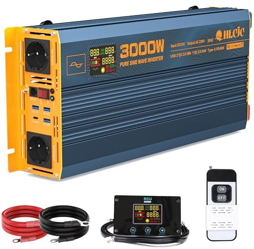 3000W/6000W Reiner Sinus-Spannungswandler 24V auf 230V Wechselrichter mit PD60W/QC18W/24W Schnellladung USB-Anschlüsse 2 EU Steckdose 2 Fernbedienungen LCD-Anzeige für Solares System Wohnmobil LKW KFZ