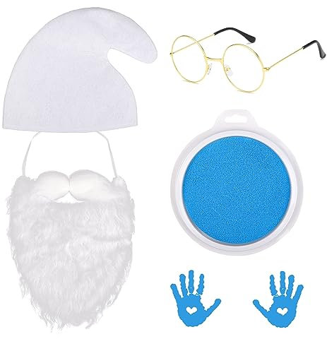 Lezevn 4 Stück Zwerg Schlumpf Set Magisches Zwerg Kostüm Weiße Hüte Gold Brille Bärte Blau Facepaint Gartenzwerg Fasching Kostüm