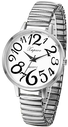 JewelryWe Uhren Damen Elastisch Metallarmband - Silber Ultradünne Analog Quarz Armbanduhr Frauen Legierung Stretch-Armband Uhr mit großen Arabischen Zahlen Weiß Zifferblatt