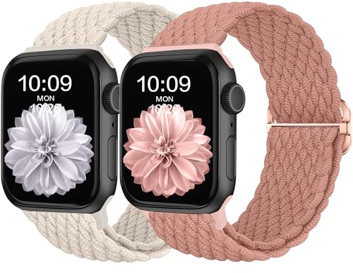 HalfYue Geflochtenes Armband Kompatibel Mit Apple Watch 38mm 40mm 41mm für Männer/Frauen, Verstellbares Elastisches Nylon für iWatch Series 9/8/7/6/5/4/3/2/1/Ultra2/SE, 2 Stück