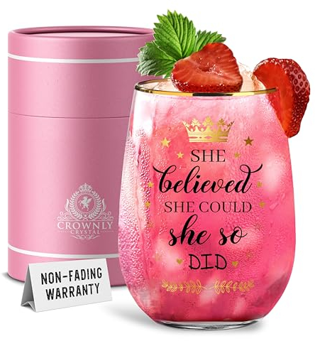 CROWNLY CRYSTAL® Custom Wine Glass Gifts - Pink Gin set, Congrats, New Job, Get Well Soon, Girlfriend Gifts