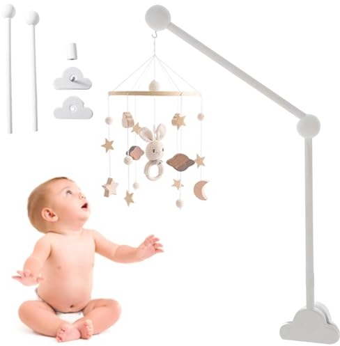 Molbory Soporte móvil para bebé, madera para cuna de bebé, soporte móvil, soporte móvil para campanas, soporte móvil para colgar juguetes y muñecas (sin campanas de cama y sin juguetes)