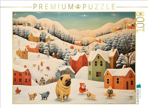 Puzzle · Hunde Spielen in Einer Winterlandschaft lustig im Schnee | Ein von Botero inspiriertes Kunstwerk · 1000 Teile · Lege-Größe 64 × 48 cm · CALVENDO Puzzle