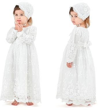 MOMOHAUS - Vestido Bautizo Niña | Vestido Blanco Niña con Gorro de Bautizo | de Tul con Encaje Floral y Lazada en la Espalda | de Estilo Boho (18-24 meses, Blanco)