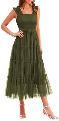 PRETTYGARDEN Women's Summer Smocked Midi Tulle Dress, Army Green,M