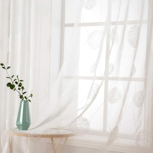 MIULEE Vorhänge mit Florales Stickerei, Gardinen Weiß für Wohnzimmer, Schlafzimmer Vorhang Transparent mit Ösen, 2er Set Voile Blumen Durchsichtig Vorhänge, Jeder H 200 X B 140cm