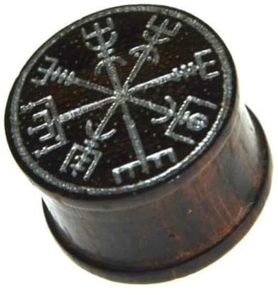 CHICNET Flesh Holz Plug Viking Wikinger Kompass Vegvisir mit Runen, Ribbed Expander Dehner Nordic braun, Ohr Piercing mit Laser Gravur Silber 10mm - 14mm