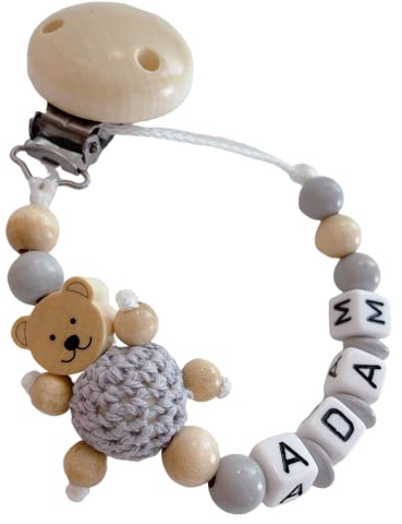 personalisierte Kette mit Namen für für Mädchen Jungs Baby Geschenk personalisiert zur Geburt & Taufe Teddy Bär große Farbauswahl (Grau)