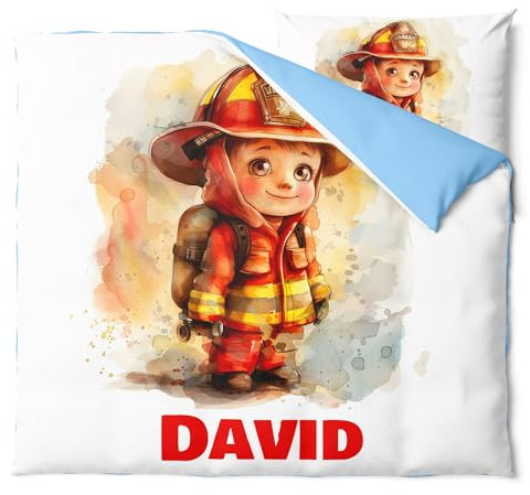 Pictogogo Feuerwehrmann-Design Babybettwäsche, süßer Junge, Personalisiert, Wählbare Unterfarbe (Weiß, Rosa, Blau, Grau), Oeko-TEX, 80 x 80 cm