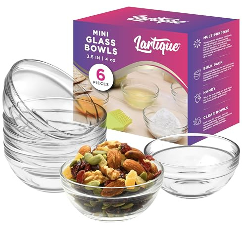 Lartique Mini 3.5 Inch Clear Glass Bowls - Set of 6, Modern Glass, Meal Prep or Dessert Bowls, Microwave & Dishwasher Safe