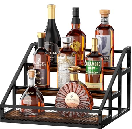 B4Life 3-Tier Liquor Bottle Display Shelf, Countertop Liquor Wine Rack, Bottle Storage Organizer for Whiskey and Spirits, Retro Bar Shelves and Shelf Stand, Mini Liquor Cabinet