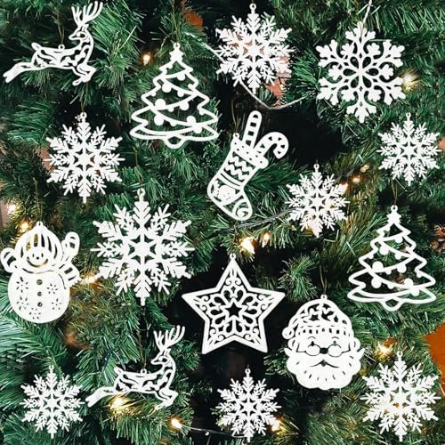20 Stück Schneeflocken Weihnachten Deko, Weihnachtsbaumschmuck, Schneeflocken anhänger, Glitzer Papier Schneeflocken, Weihnachten Deko(Weiß)