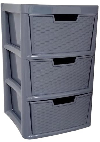 ALEEZ - Large Plastic Drawer Storage Unit - Rattan Effect 3 Drawer Cabinet - Multipurpose Storage Organiser - Office, Tabletop Desktop Drawer - Bedroom Chest Drawer Unit - (Grey, 3 Drawer)