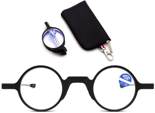 MAGIMODAC Faltbare Lesebrille Damen Herren Blaulichtfilter Runde Klein Mini Lesebrillen Lesehilfe Sehhilfe mit Etui Schwarz 2,00