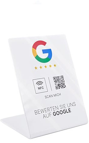 Google Bewertung NFC Aufsteller, Acryl, 110 x 150 mm, fertig eingerichtet, mit NFC und QR-Code für einfache Kundenbewertungen (Weiß)