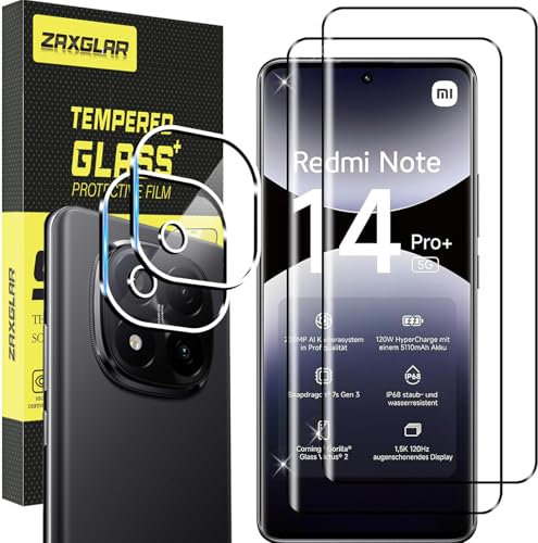ZAXGLAR Pellicola Vetro Temperato per Xiaomi Redmi Note 14 Pro Plus 5G, 2 Pezzi Pellicola Protettiva e 2 Pezzi Pellicola Fotocamera, Durezza 9H,