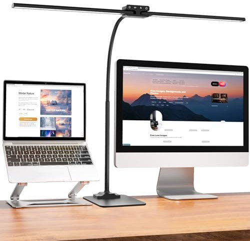 EppieBasic Desk Lamp with Base, 24W Led Double Head Desk Lamp for Home Office, Eye-Caring Architect Task Lighting, Dimmable Dual Bar Light for Monitor Work, Study, and Reading