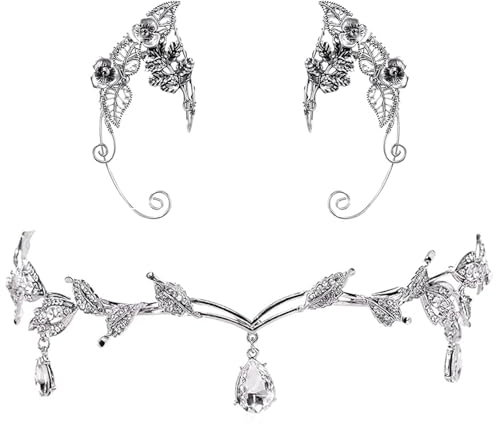 Vxcbad Elfenohrringe und Elfenkrone, Silberne Elfen-Tiara, Elfenkostüm Damen, Geeignet für Fasching, Cosplay, Kostüm-Fotografie, Kostümparty