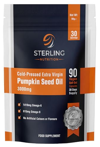 Cold Pressed Extra Virgin Pumpkin Seed Oil Capsules - Vegan Softgels for Adults, 90 Supplements (30 Days) | High Strength 3000mg - Omega 6 & 9 for Prostate, Hair & Heart Support | STERLING NUTRITION