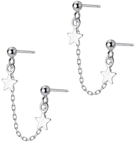 Chain Earrings Star Dangling 925 Sterling Silver Double Piercing Stud Hoop Earring Tassel Chain Dangle Drop Ball Earring for Multiple Piercing Drop Cartilage Helix Earrings for Women Girls