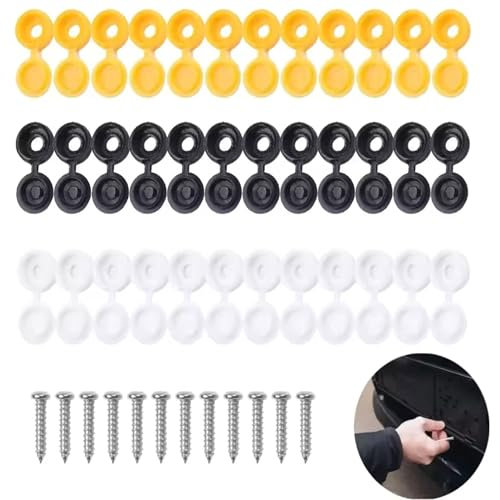 48 Pcs 304 Stainless Steel License Plate Screws and Caps - Car Number Plate Fasteners with Black, White, and Yellow Screw Covers (8 of Each Colour)