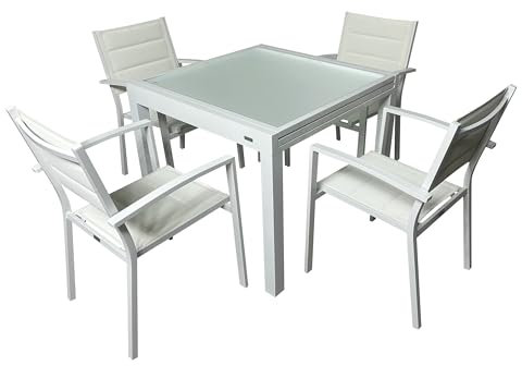 MOMMAHOME® Ensemble table extensible et 4 chaises de terrasse, ensemble de meubles de jardin extérieur 5 pièces, structure en aluminium, table et chaises de terrasse imperméables, résistantes à