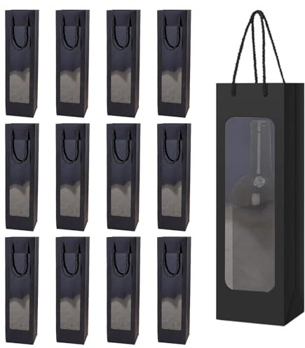 Weinflaschenbeutel aus Kraftpapier, 12 Stück Geschenktüten für Wein, Fenster transparent Premium Wein Geschenktüte mit Griff, Kraft Wein Organize, Geschenktüten, Für Party, Hochzeit(Schwarz)